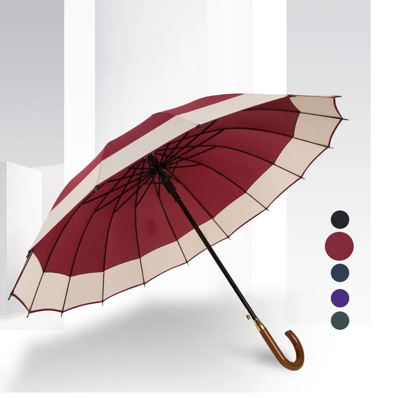 Manufacturer's Assembled Fully Automatic Opening Straight Handled 16 Rib Solid Wood Handle Business Style Unisex Umbrella