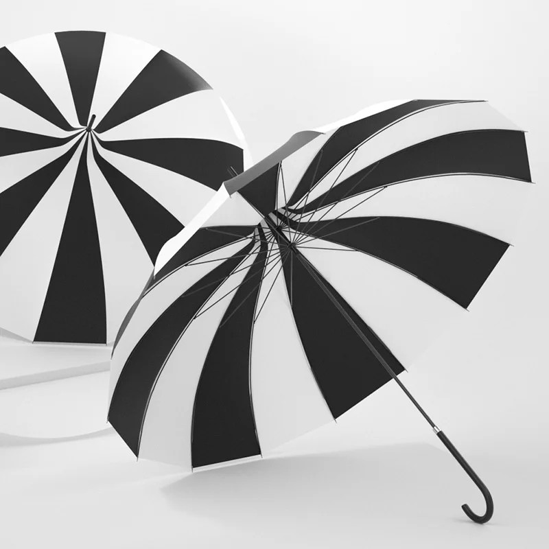 16 Bone Iron Ribs Collision Cloth Black White Striped Pagoda Umbrella European Style Court Manual Long Handled Large Sun