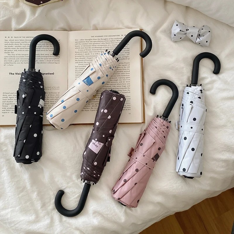 New Korean-style 8 Ribs Small Polka Dot Folding Umbrella UV protection Black-coated Dual-use Rain Sun Portable