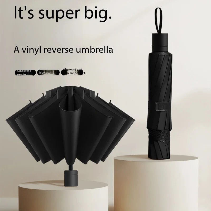 12 Bone Oversized Umbrella Strong and Durable Storm Resistant Folding Umbrella Women Rain and Rain Dual Use Black Shade Umbrella