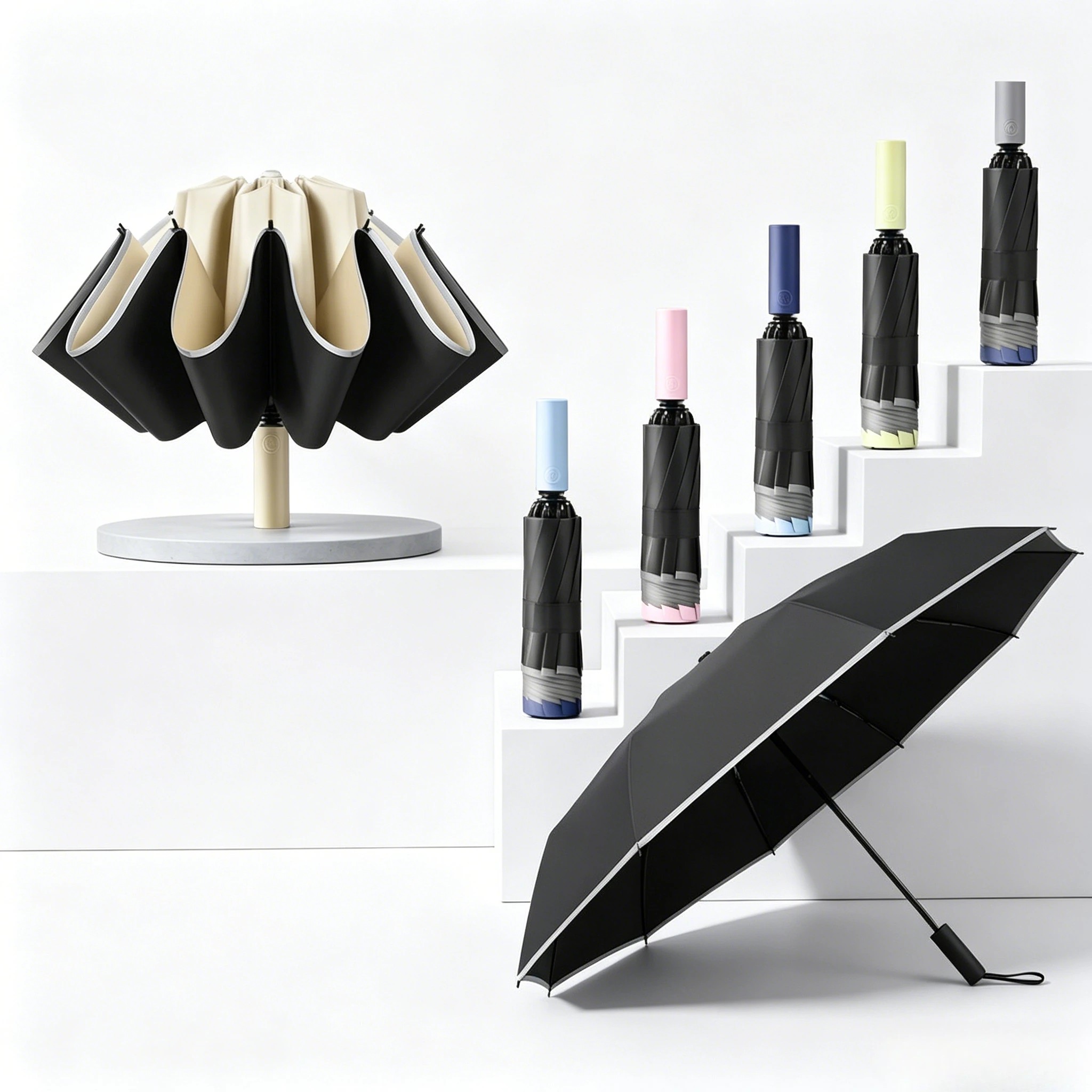 Custom Automatic Reverse Double Rib Stormproof Black Coating Sun Protection Large Reflective Strip Dual Use Rainy Umbrella
