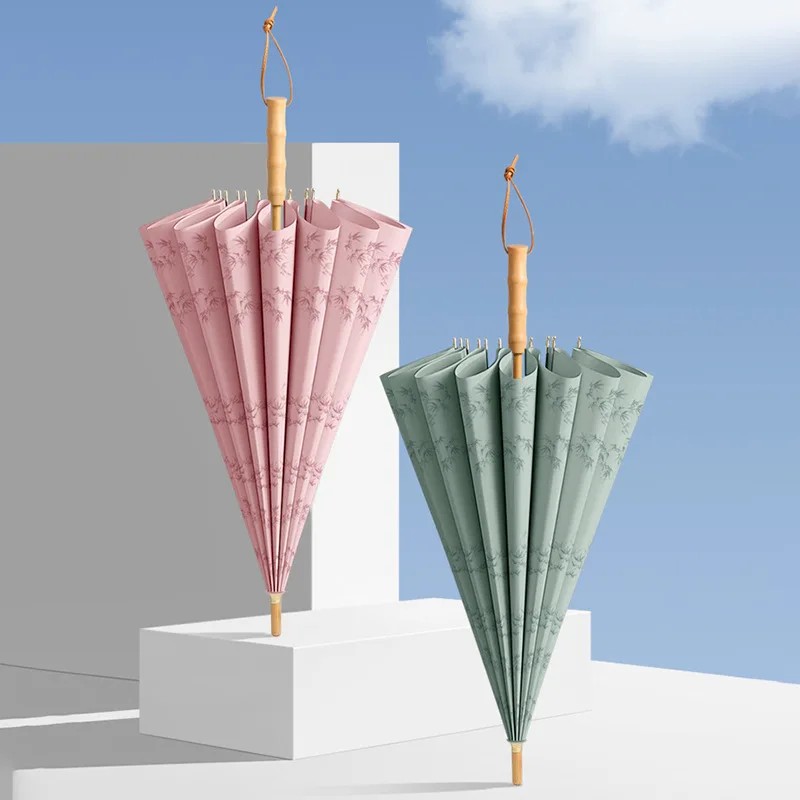 16 Ribs Long Handle Umbrella in Water Bloom High Appearance Horizontal Bamboo Handle Manual Umbrella Thickening Can Be Printed