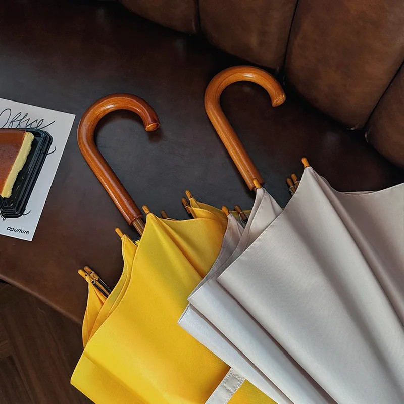 Ins Solid Color Double Long Handle Umbrella Solid Wood Handle Rain and Sunny Rod Umbrella Reinforcement Windproof