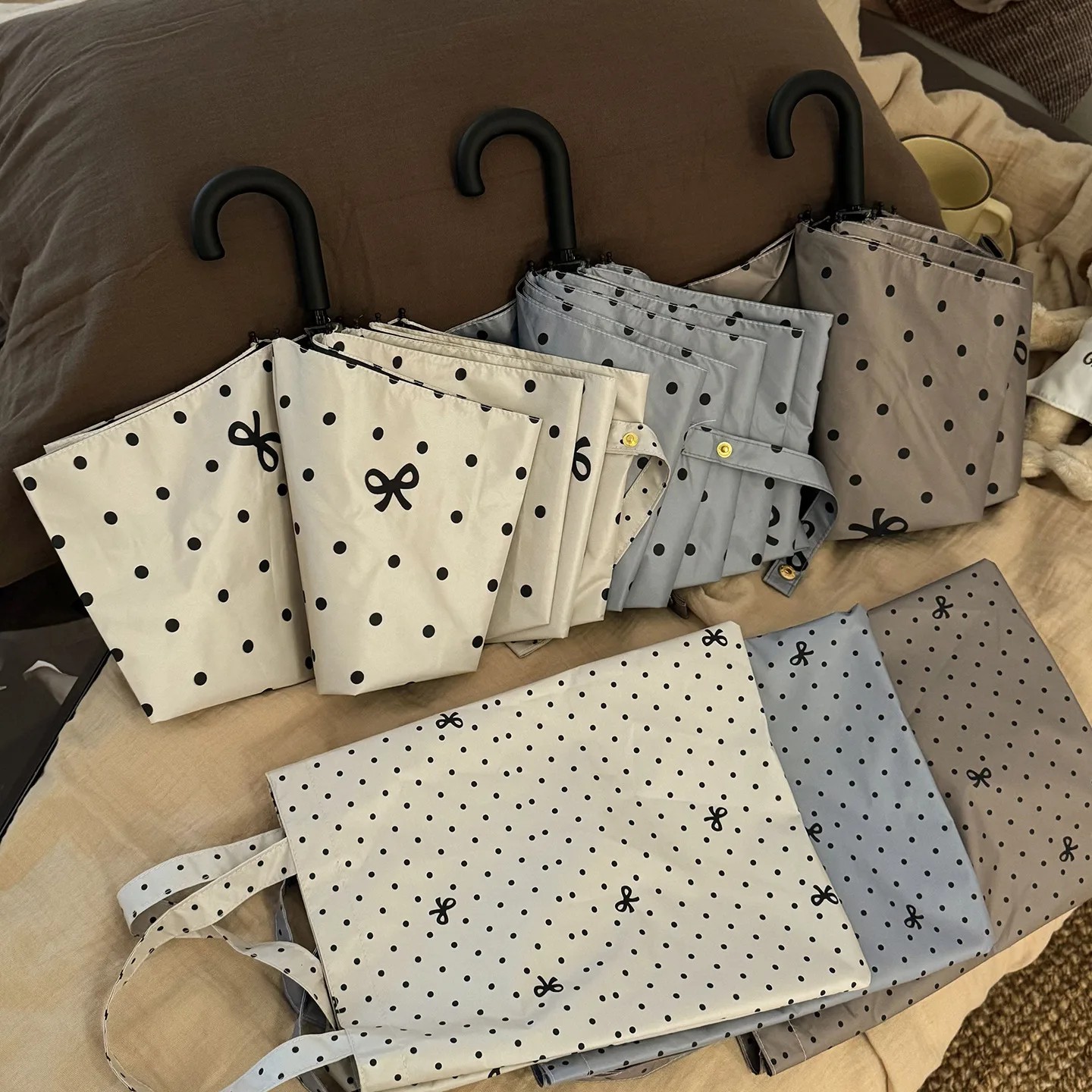 INS Polka Dot Bowknot Folding Umbrella Sun Protection UV Protection Black Coating Sunshade Dual-use Sun Portable Umbrella