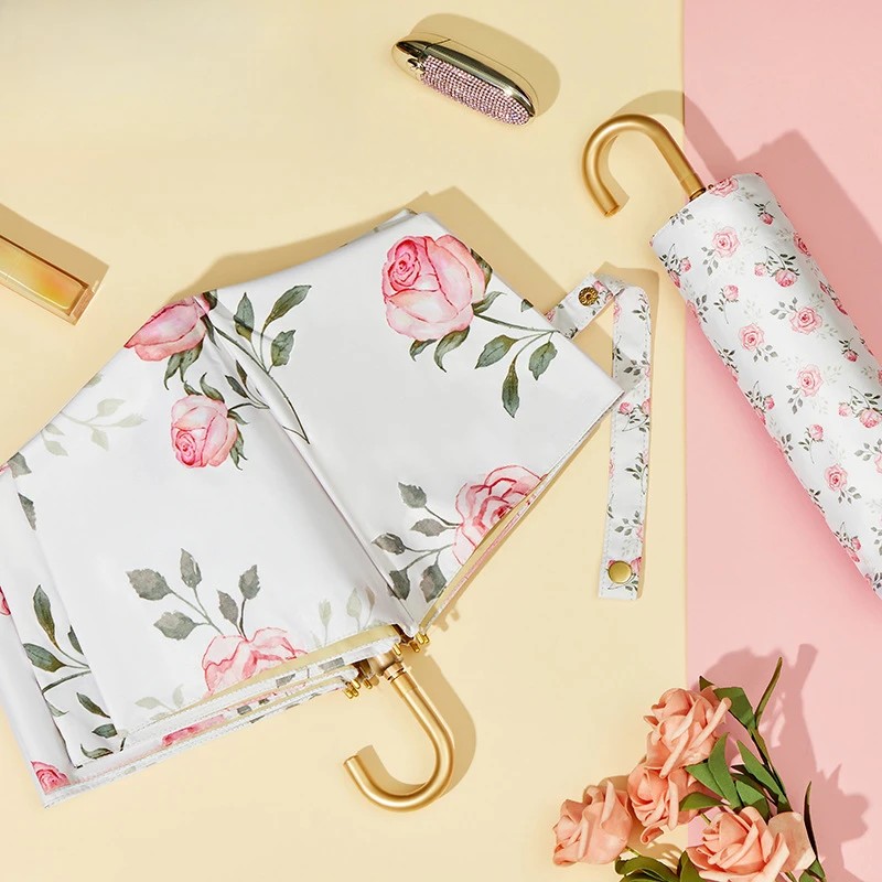 High Value Romantic Rose Flower Sun Umbrella UV Protection Sunshade Umbrella for Women Retro Hook Folding Umbrella