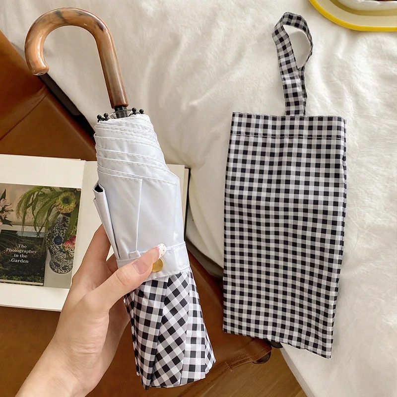 Japanese Classic Black White Checkered Folding Umbrella Protection UV Parasol Dual-use Sun and Rain Portable Umbrella