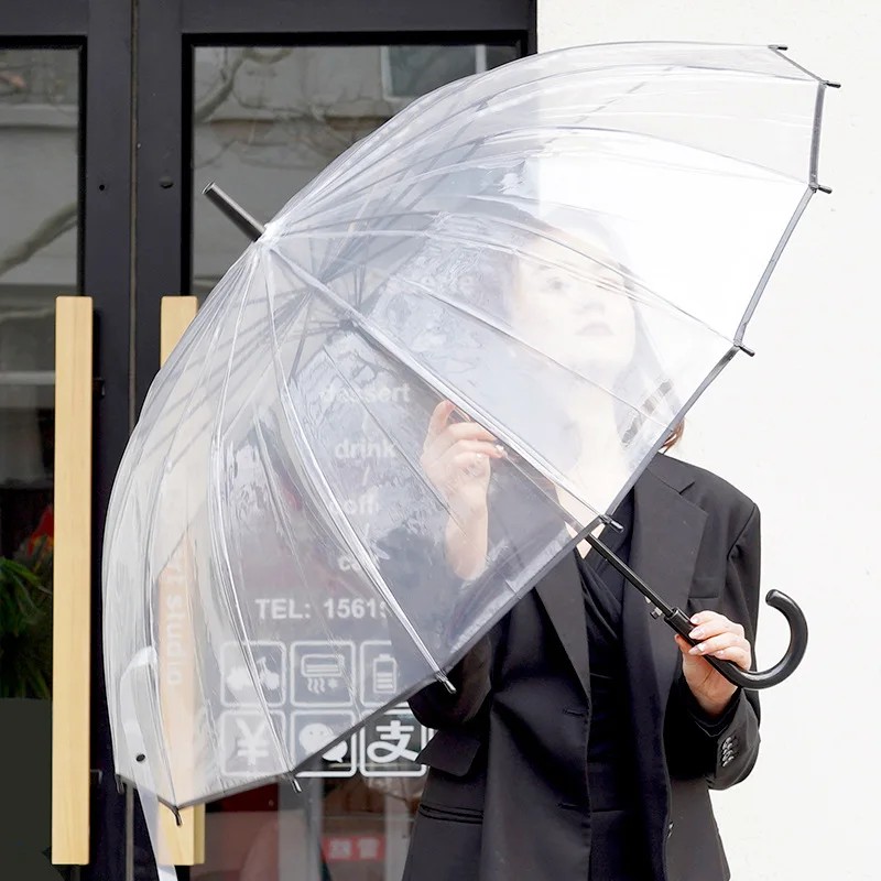 16 Bone Transparent Umbrella Long Handle Large Double Female White Net Red Umbrella Automatic Strong Fold Solid Color Umbrella