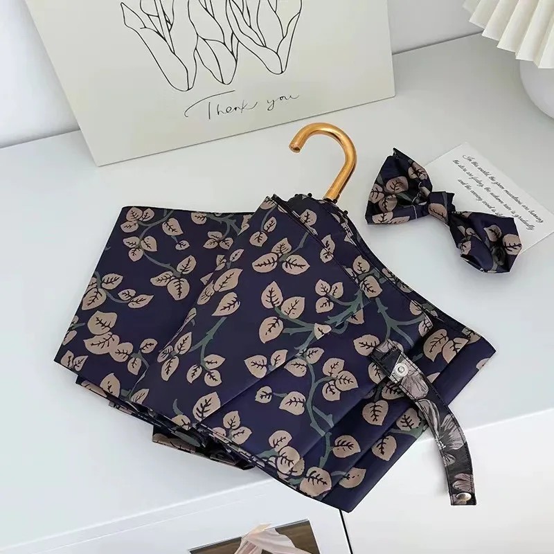 Morris Oil Painting Ascetic Style Elegant Curved Handle Rain Umbrella Black Coating Sun UV Protection Rainy Season Products