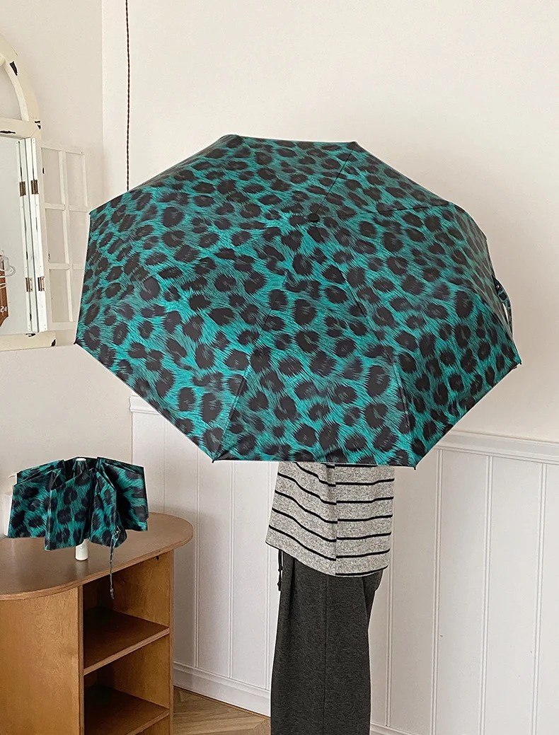 New Green Leopard Print Folding Umbrella Dual-use for Sun and Rain Women's Sun Protection UV Protection Sunshade Umbrella