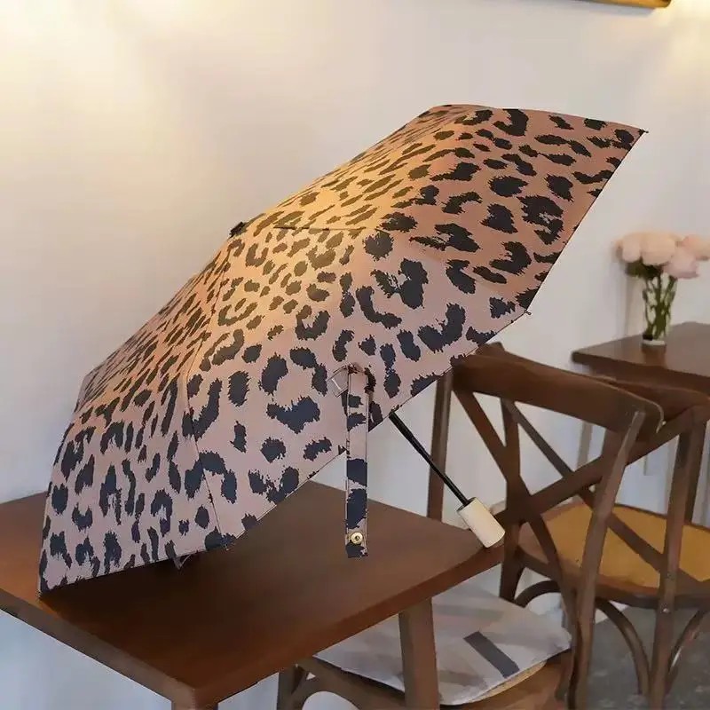 Leopard Print Automatic Sun Dual-use for Sun and Rain Foldable UV Protection Ultra-light Compact Women's Sunshade Umbrella
