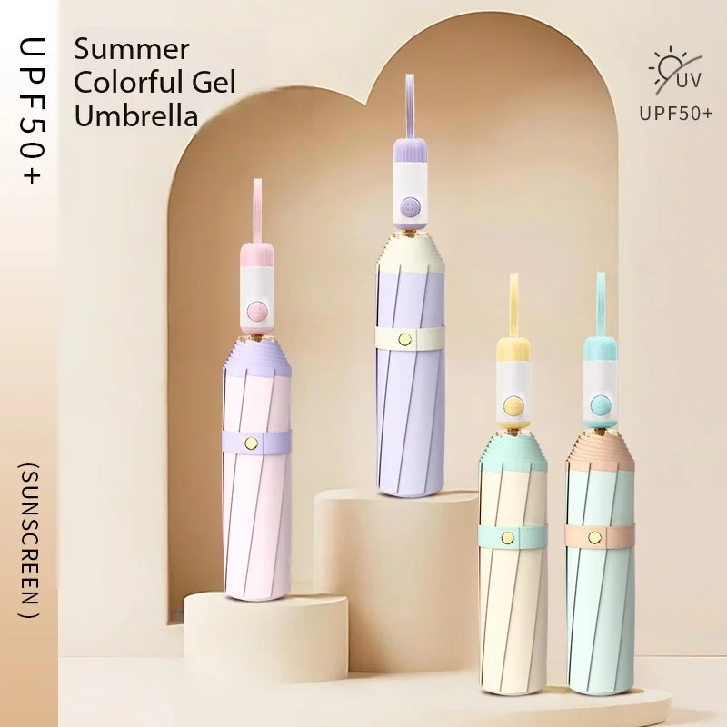 Splice Color Handle Automatic Color Glue Umbrella Girl Triple Folding Umbrella UV protection Sunblock Umbrella Sunny and Rain