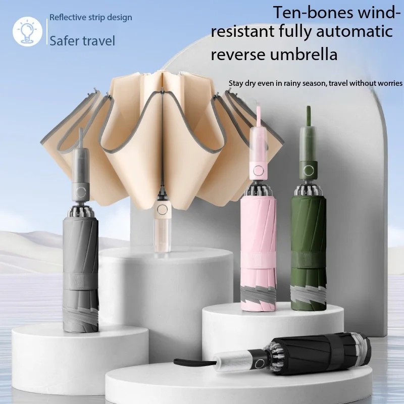 10-ribs Fully Automatic Business Umbrella, Portable Three-fold Umbrella, Reverse Umbrella, Business Umbrella