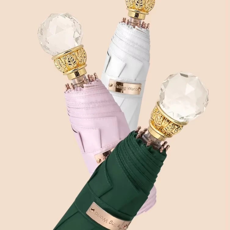 Crystal Handle Ladies' Sun Umbrella High-end Shading Folding Light Luxury Premium Advanced Five-fold Sun and Rain Umbrella