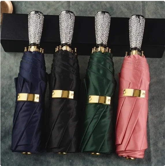High-end Rhinestone Handle Umbrella for Women Dual-use for Sun and Rain Satin Manual Folding Gift Umbrella for Business Gifting