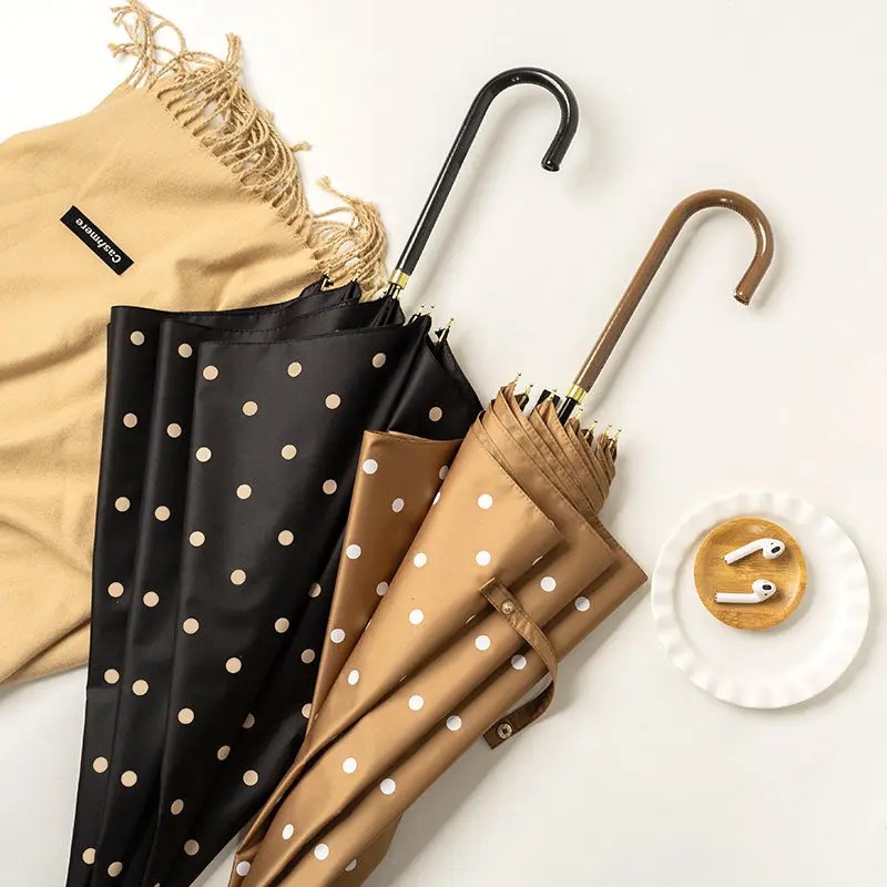 Long Handle Polka Dot Umbrella High-End Korean Style Wind-Resistant for Sun and Rain Automatic Reinforced Large Umbrella