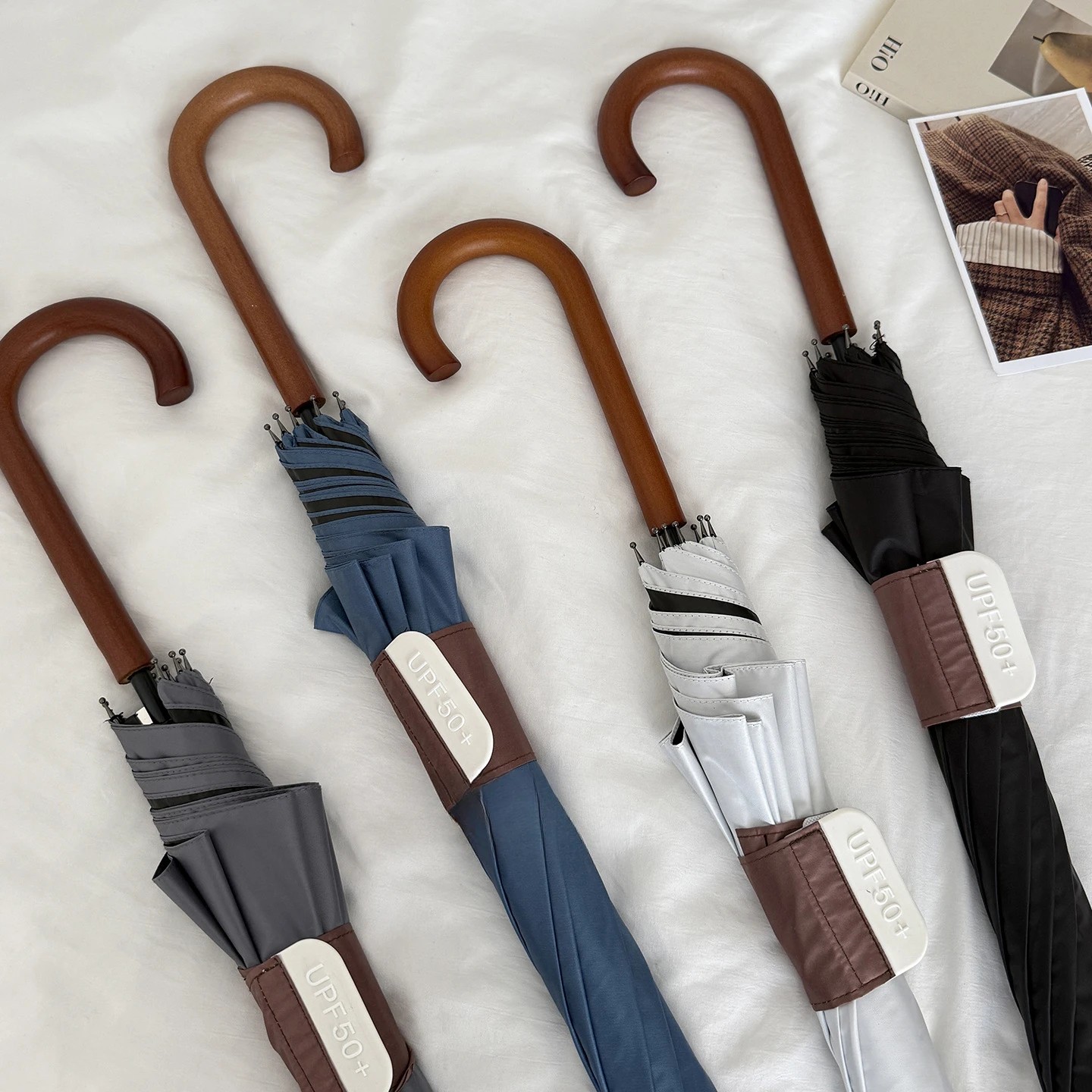 Vintage Wooden Handle Long Umbrella Black Coating Sun UV Protection Dual-use Simple Solid Color High Aesthetic Umbrella