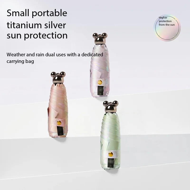 Laser Sun Umbrella for Women, Black Rubber, Sun Protection, UV Protection, Sunshade, All-weather Mini Five-fold Pocket Umbrella