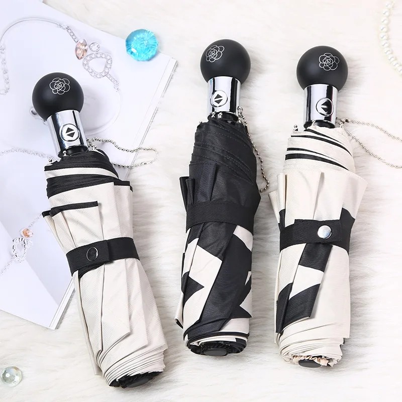 Factory Spot Automatic Umbrella Three-fold Black Vinyl Umbrella Vintage Camellia Pattern Dual-use Sun Rain Umbrella Wholesale