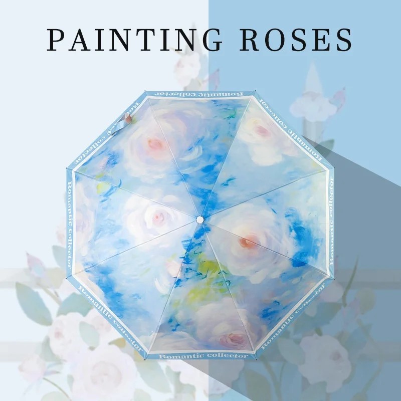 Elegant Vintage Rose Oil Painting Umbrella 8 Ribs Automatic Opening Dual-use for Sun & Rain UV Protection