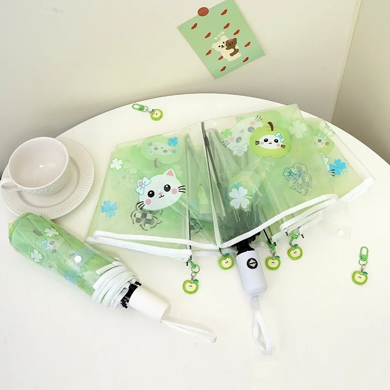 Apple Cat Transparent Automatic Umbrella for Women Students Cartoon Pastoral Design Foldable Thickened Iron Ribs Plastic Panel