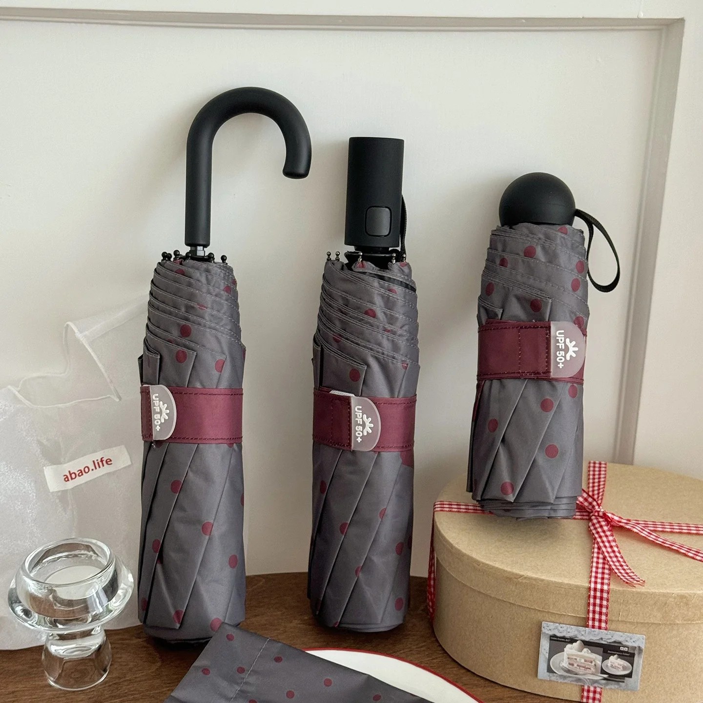 New Red Polka Dot Folding Umbrella with 8 Ribs Manual Opening Sun and UV protection Dual-use for Sunny and Rainy Days