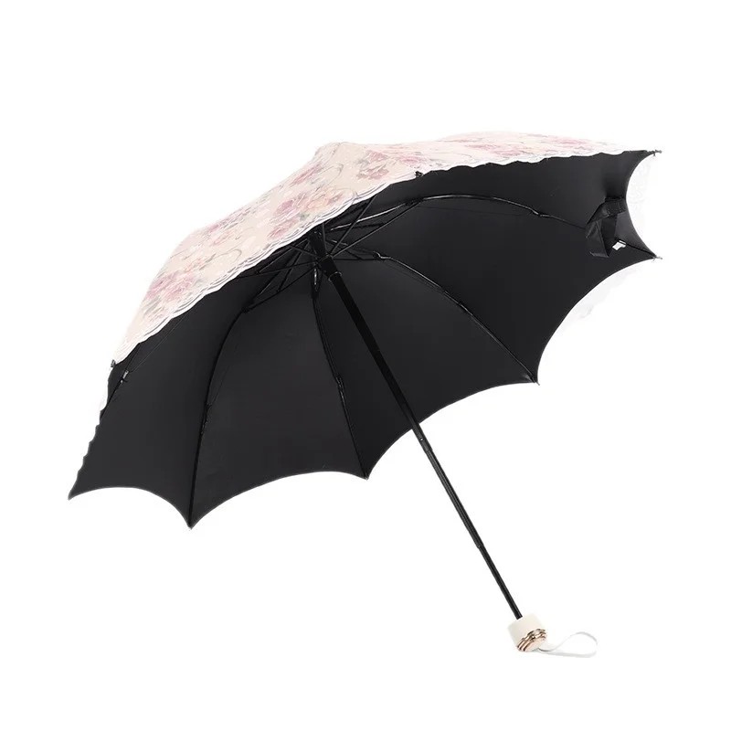 Goddess Princess Double-layer Lace Women's Dual-use Folding Black Sun Umbrella with Iron Ribs UV Protection Floral Pattern