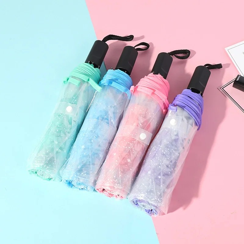 Wholesale Modern Design PVC Transparent Manual Three Fold Advertising Umbrella for Women Business Gifts Custom Printing 8 Ribs