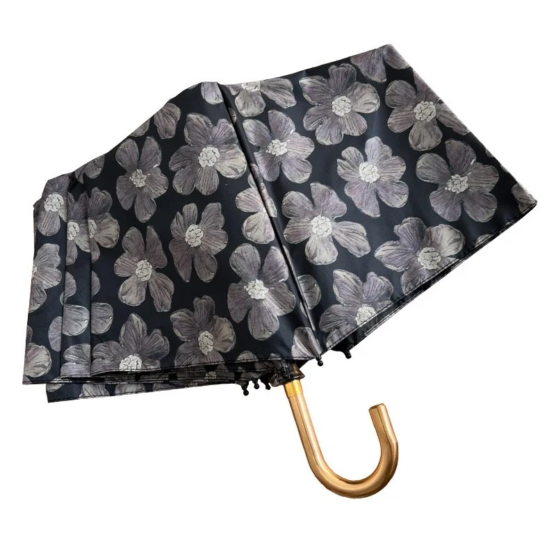 Posa High End Aesthetic Asexual Black Flower Hook Sunscreen Three Fold Folding Manual 8 Women's Sunny Rainy Dual Use Umbrella