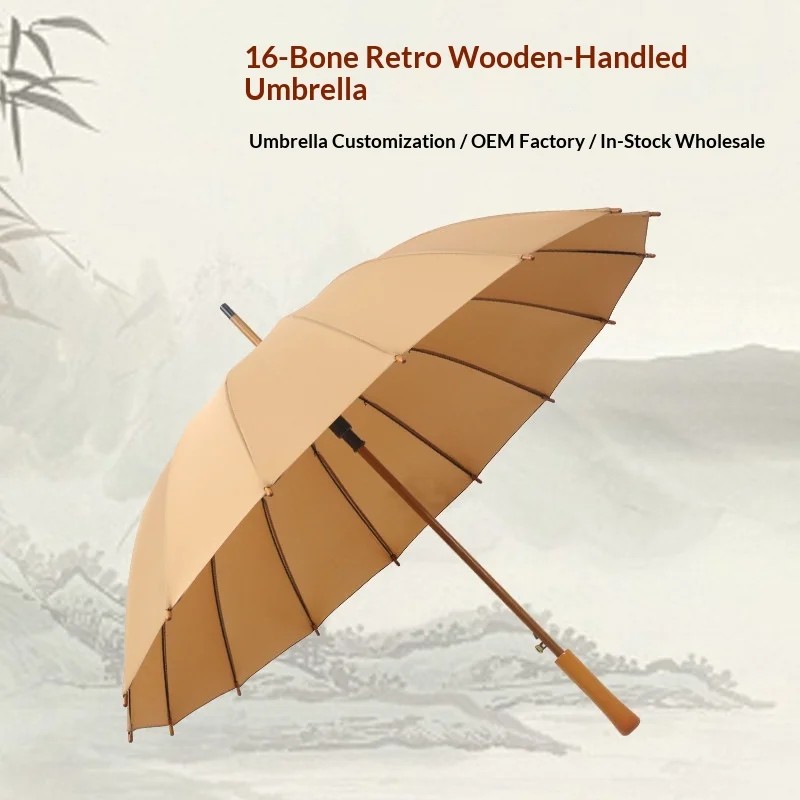 Stock Chinese Style Retro Artistic Fully Automatic Wooden Handle 16-rib Solid Wood Long Handle Golf Umbrella Rain Sun Dual-use