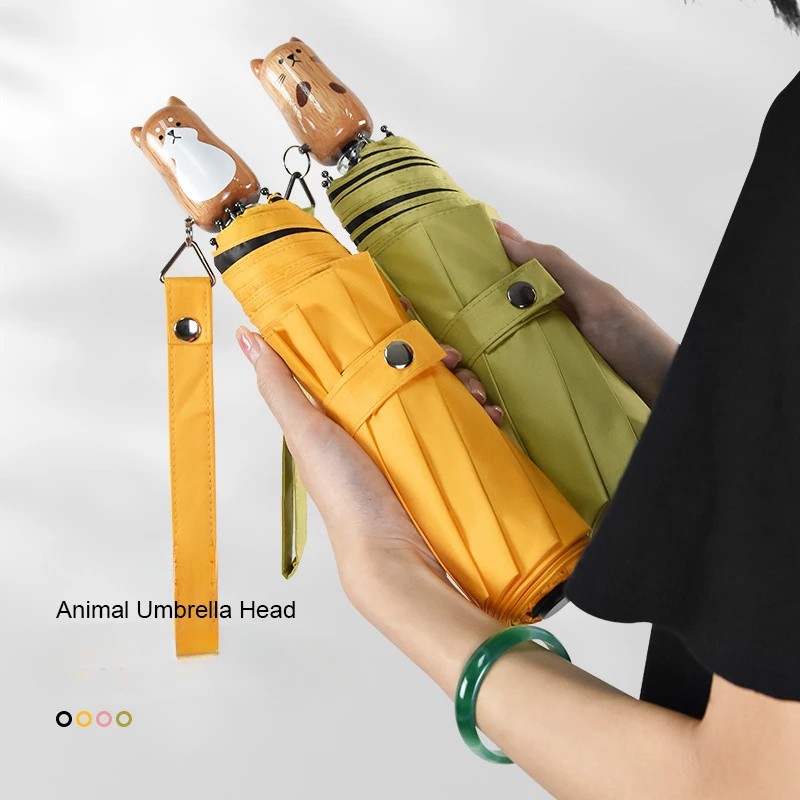 Cat Inu Couple Umbrella Wooden Handle Folding Solid Color Sun Rain Umbrella Sun-protective Parasol Custom LOGO Gift Umbrella