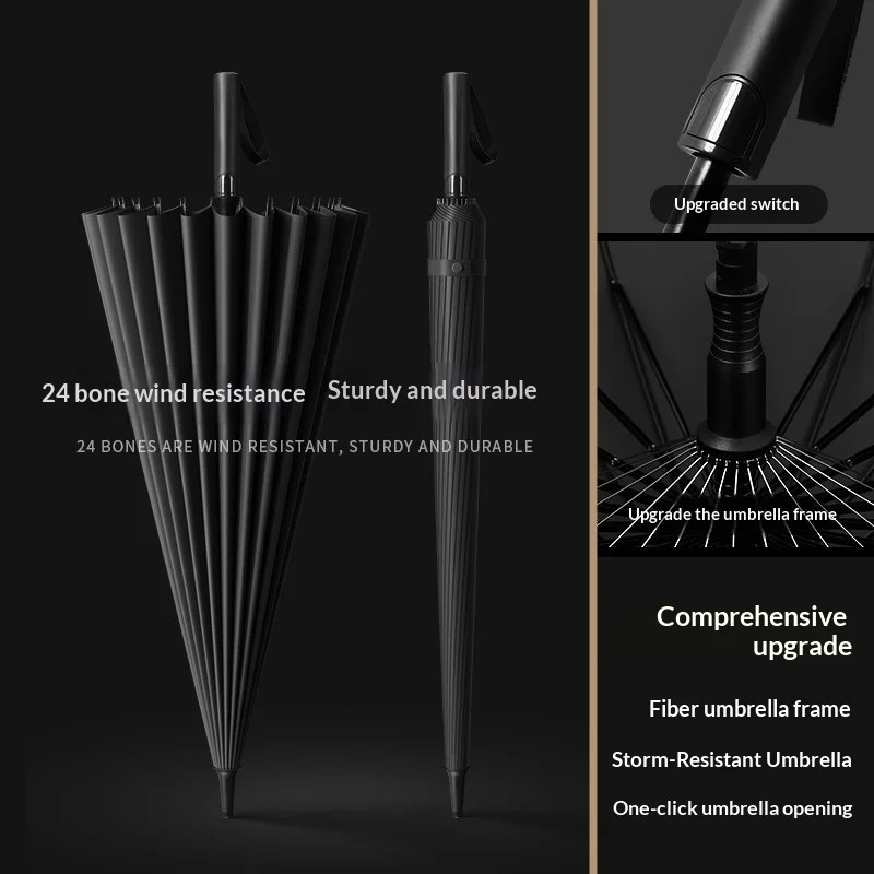 24-bone Long-handled Umbrella One-piece Design Men's Enlarged Thickened Reinforced Storm-resistant Durable Business Umbrella