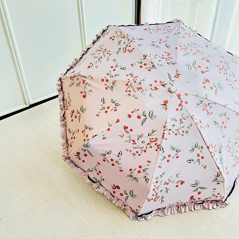 Japanese Style Floral Lace Black Vinyl Five-fold Umbrella Foldable Sun Rain Umbrella UV-protective Women's Parasol