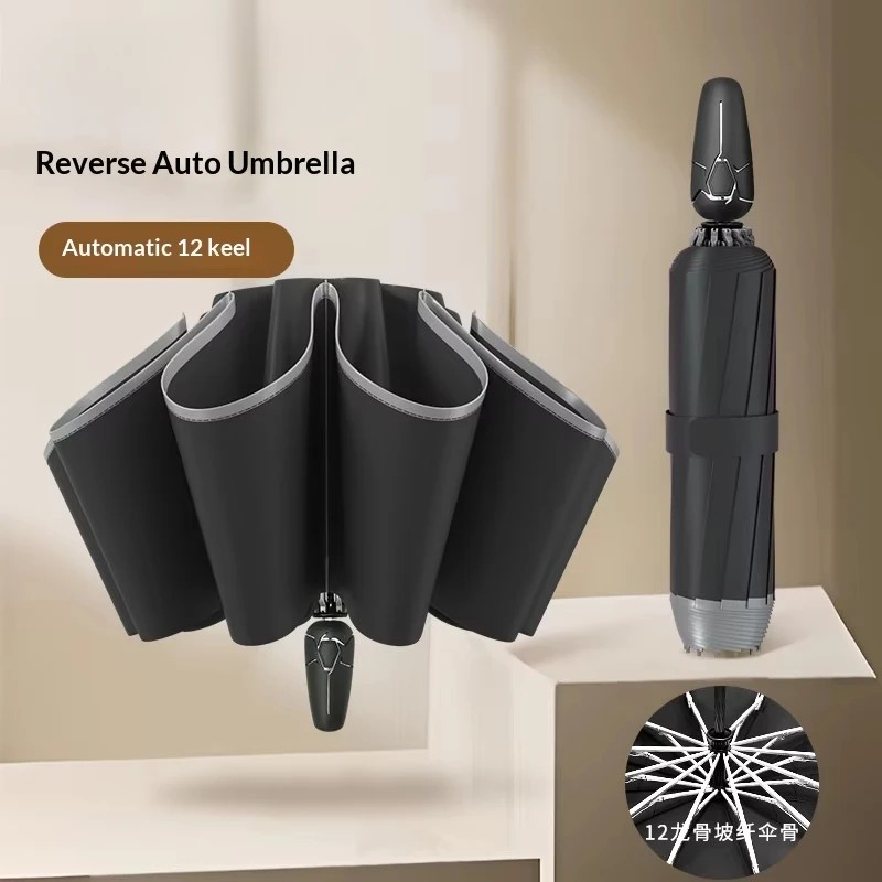 Fully Automatic Folding Umbrella Reverse Design Business Car Use Thickened Reinforced Men's Dual-Use Rain/Sun Protection UV
