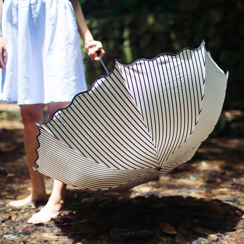 Women's Minimalist Sun Umbrella for Sunny & Rainy Use UV Protection Manual Folding Striped Design Business Gift