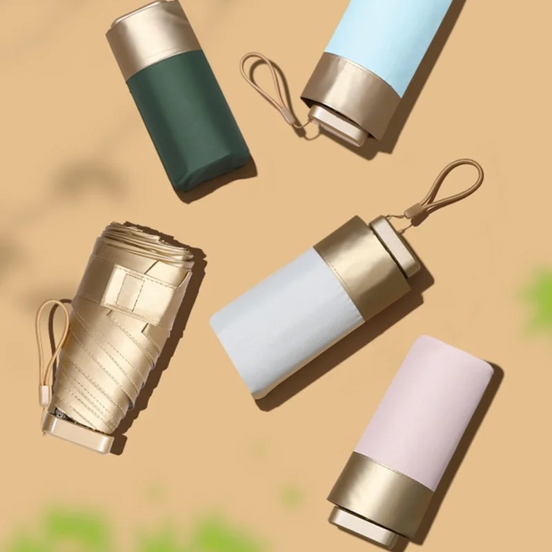 Creative Vintage Manual Portable Flat Five-folding Mini Gold Umbrella Gold-Coated Sunshade Pocket Umbrella with UV Protection