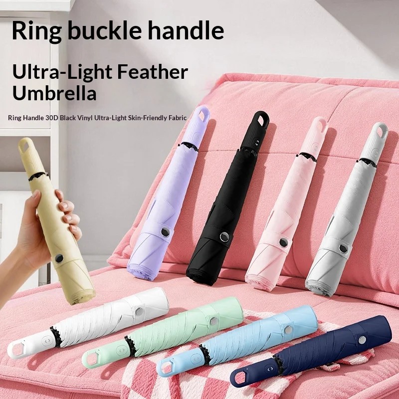Three-fold Ring Buckle Feather Ultra-light 6 Ribs Automatic Black Glue Sunscreen Anti-UV Sun Umbrella Custom Umbrella