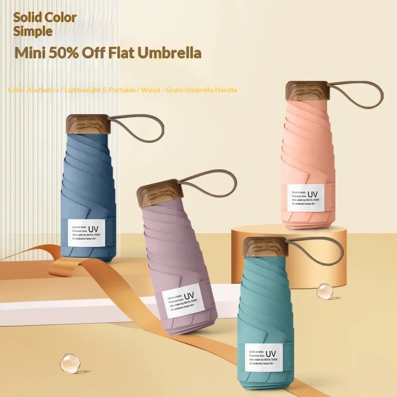 Imitation Wood Grain Flat Umbrella New Morandi Aluminum Alloy Foldable Business Gift with UPF50 Sun protection and Custom logo