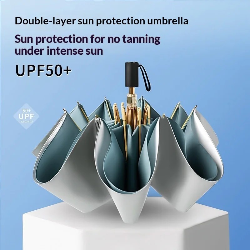 Double-layer Manual Sun Umbrella UPF50+ Titanium Silver Zero-Light Transmission Black Coating 70% UV Protection Business Gift