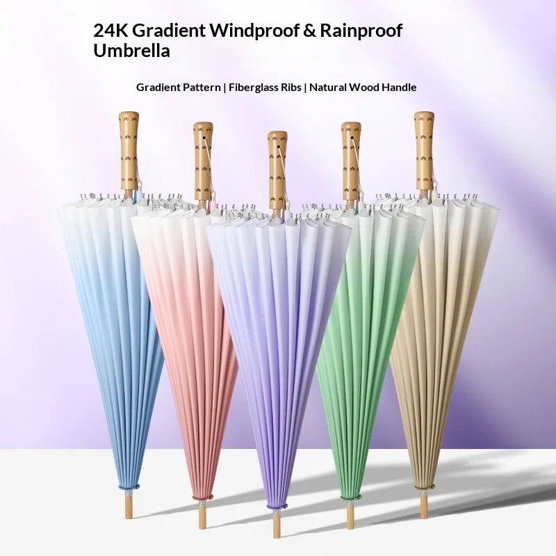 24-bone Gradient Long-handled Umbrella Wooden Handle Custom-made Storm-resistant Business Straight-shaft Golf Umbrella Wholesale