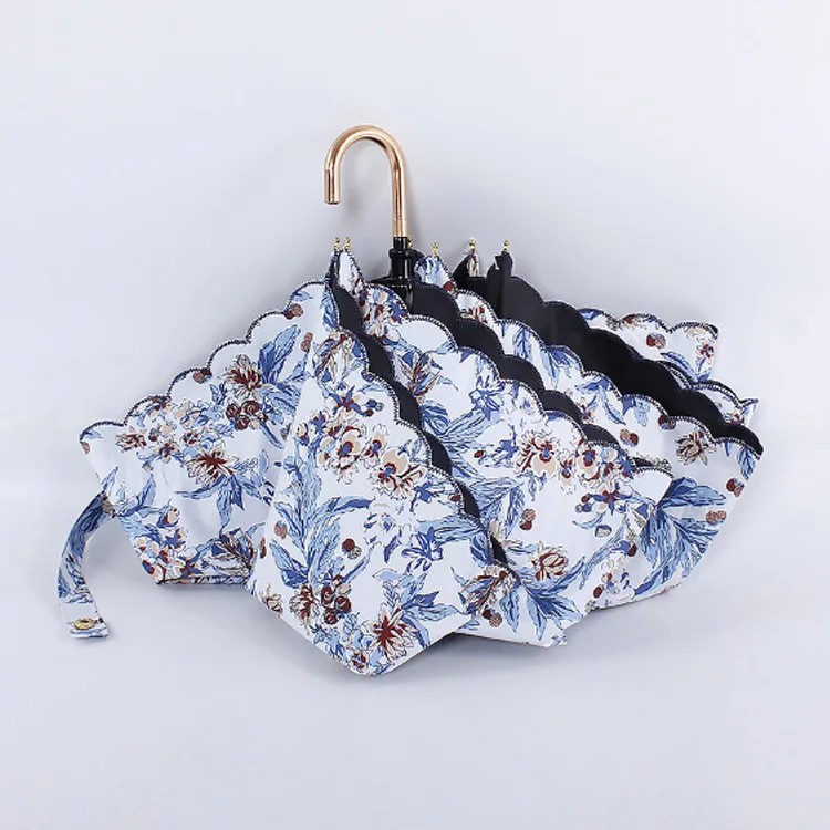 Three-fold Steel Collision Cloth Sun Umbrella Small Golden Hook Curved Handle UV Protection Folding Lightweight Embroidered