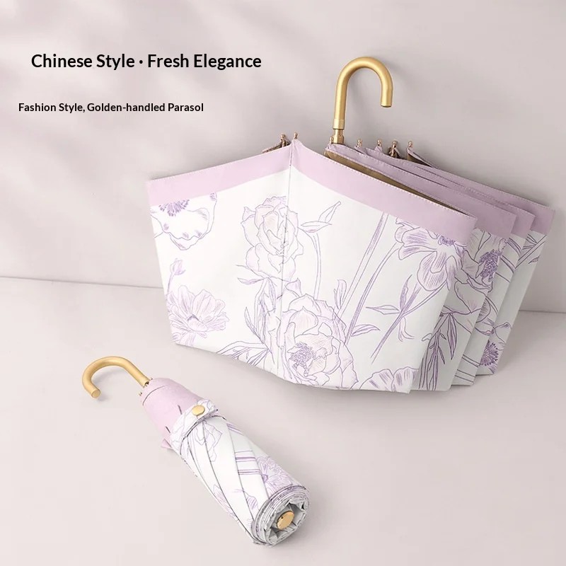 New Manual Curved Handle Colorful Umbrella Three-folding Dual-purpose Sun Rain Hook Ladies Princess Style Lace Umbrella