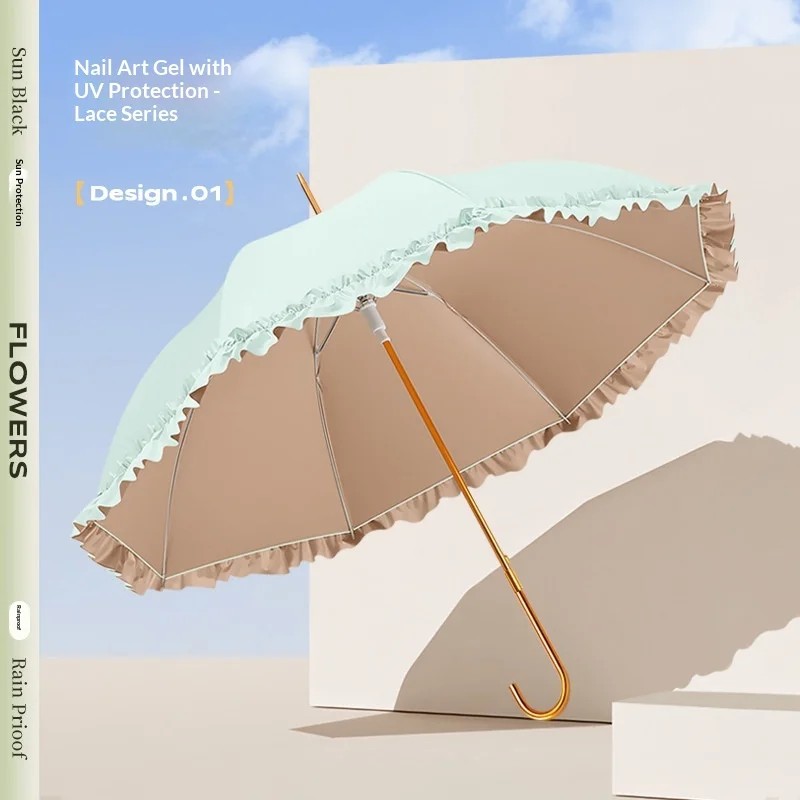 New 8 Bone Steel Frame Straight Pole Advertising Umbrella Automatic Opening Lace Trim High End Luxury Sun protection Long Handle