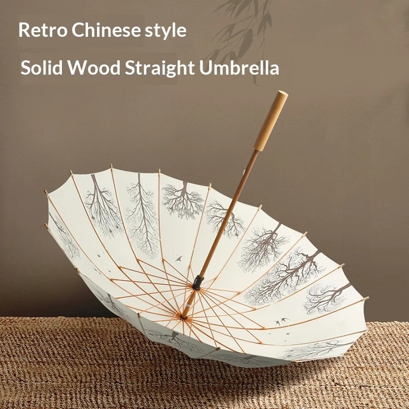 Retro Chinese Style Solid Wood Long-Handled Straight Pole Reinforced 16 Ribs Manual Umbrella Collision Cloth Printable Logo for