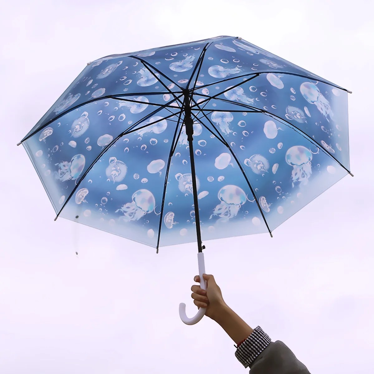 Manufacturer Wholesale Manual Transparent Straight Handle Automatic Umbrella Jellyfish Folding Umbrella Three-fold Cartoon Ocean