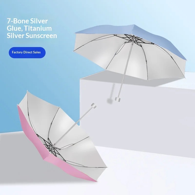 Wholesale Three Fold 7 Rib Silver Advertising Customized Logo Folding Sun Umbrella Manual Business Gift Modern Design