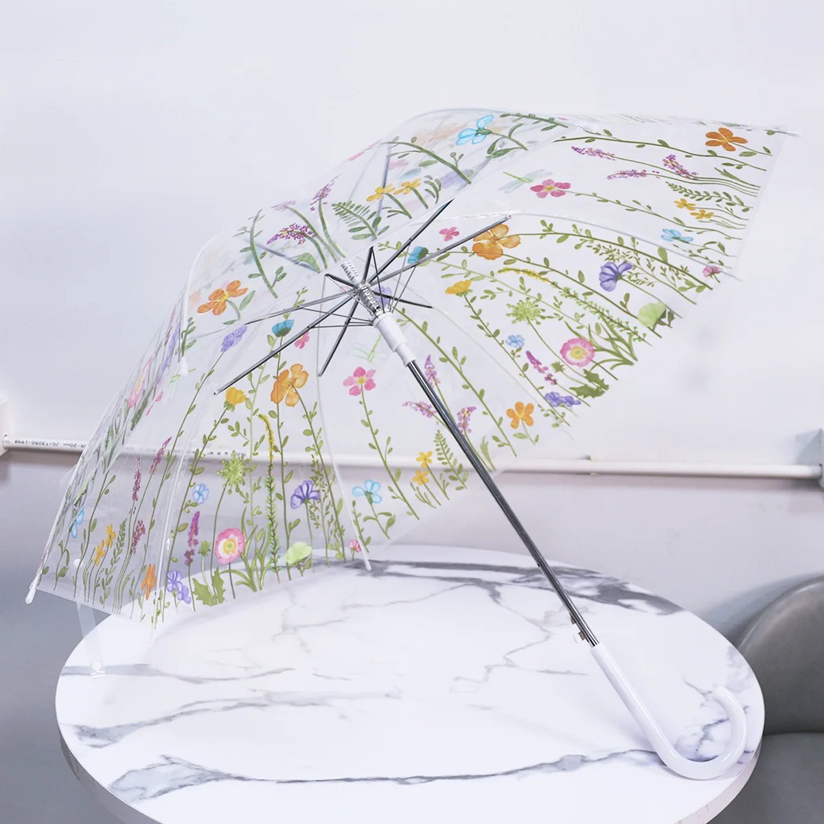 Wholesale Umbrella Straight Handle Automatic Floral Folding Umbrella Transparent Flower Cartoon Student Rainproof Waterproof