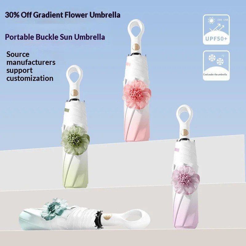 Portable Three-Folding Flower Umbrella Sun Umbrella UV Protection Dual-use Sun Rain 8 Ribs Black Coating UPF Sun Protection