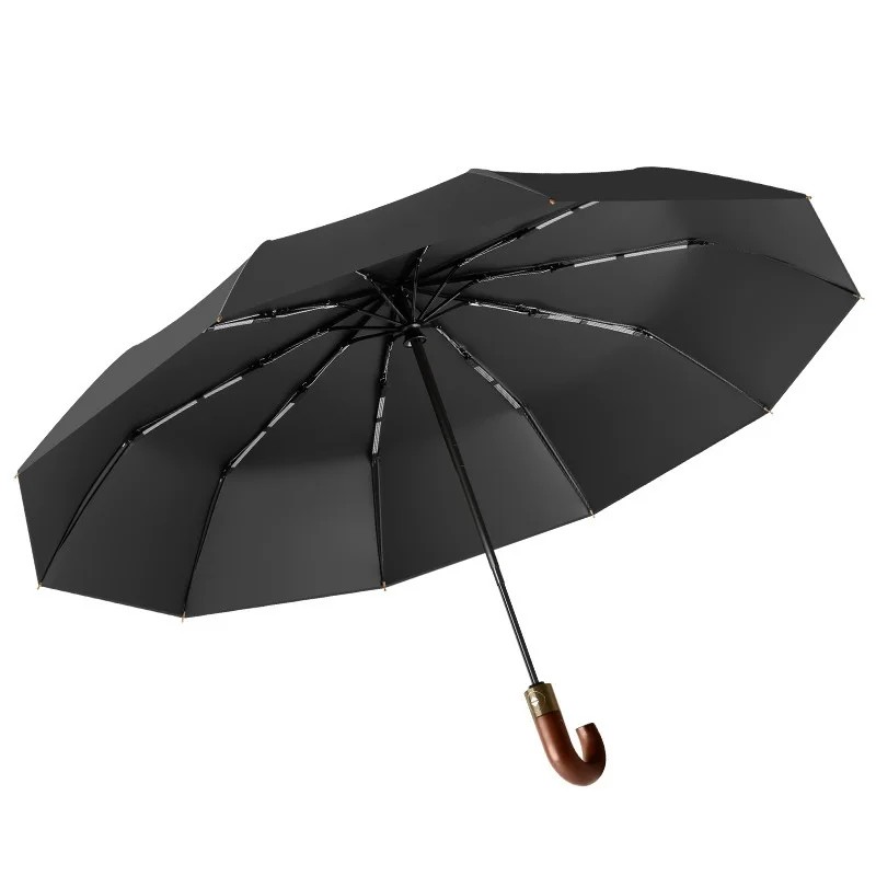 Black Coated Automatic Solid Wood Curved Handle Business Umbrella Wind Resistant Sun Proof Foldable Suitable for Men