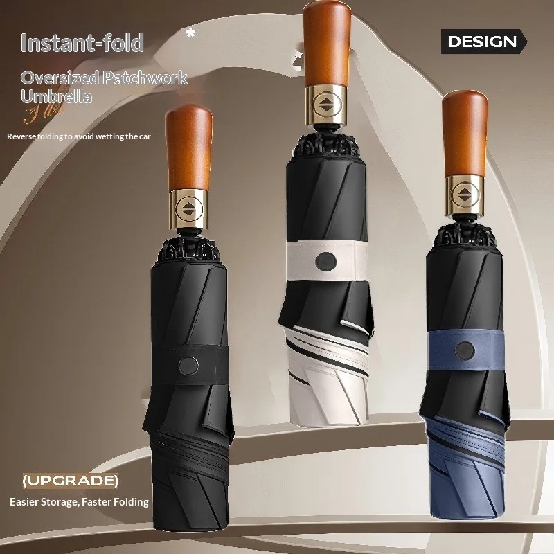 Three-Folding Memory Foam Automatic Opening 8 Ribs Solid Wood Reverse Folding Business Gift Golf Umbrella-Customizable Logo