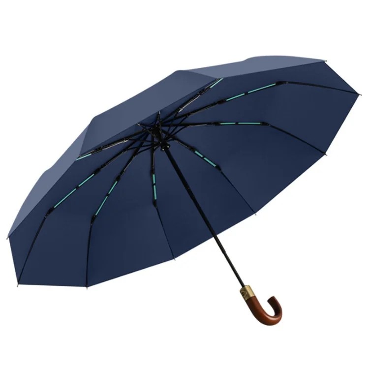 New Casual 10 Rib Wooden Curved Handle Business Fully Automatic One-Button Open Close Printing Advertising Umbrella UV